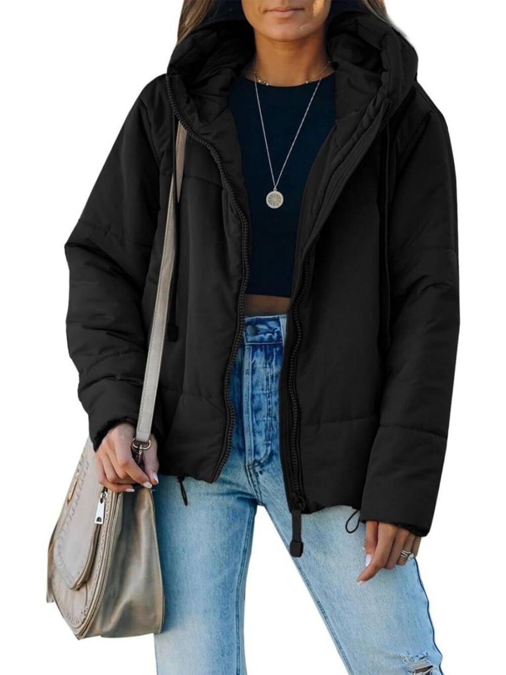 Cozy Women's Winter Puffer Jacket with Hood, Full Zipper, Short Coat